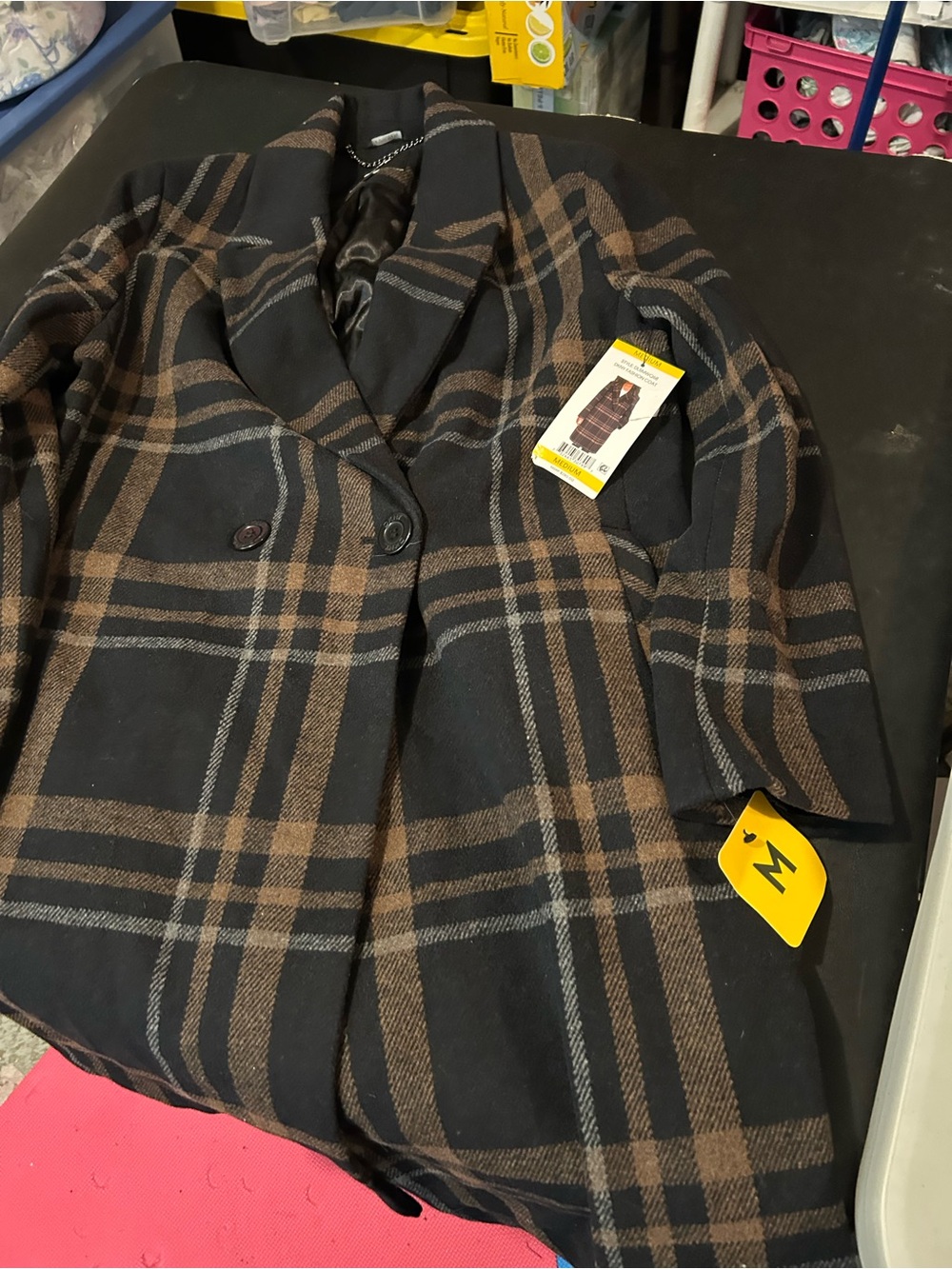 DKNY cp size, medium Black and Brown Plaid Double-Breasted Pea Coat